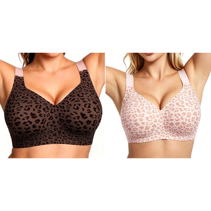 Women's Plus Size Seamless Jelly Soft Support Bra Leopard Print Wire-Free Full Cup Thin Bra Breathable Push Up Bra Large Bust