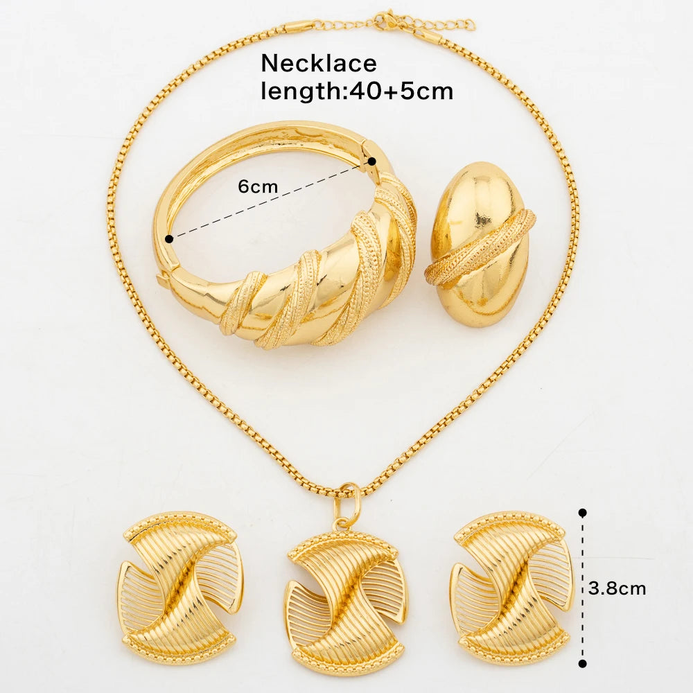 Fashion Gold Plated Jewelry for Women Necklace Earrings and Bracelet Set Dubai Engagement Bridal Accessories Gift Set