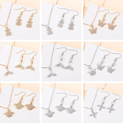Gold/Silver Color Jewelry Set Luxury Shining Zircon Bear Crown Planet Earrings Necklace Sets For Party Anniversary Exquisite Gif