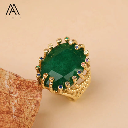 Luxury Vintage Gemstone Ring 18K Gold-Plated Women's Ring Natural Crystal Labradorite Rings Daily Wear Jewelry Gift Jewels