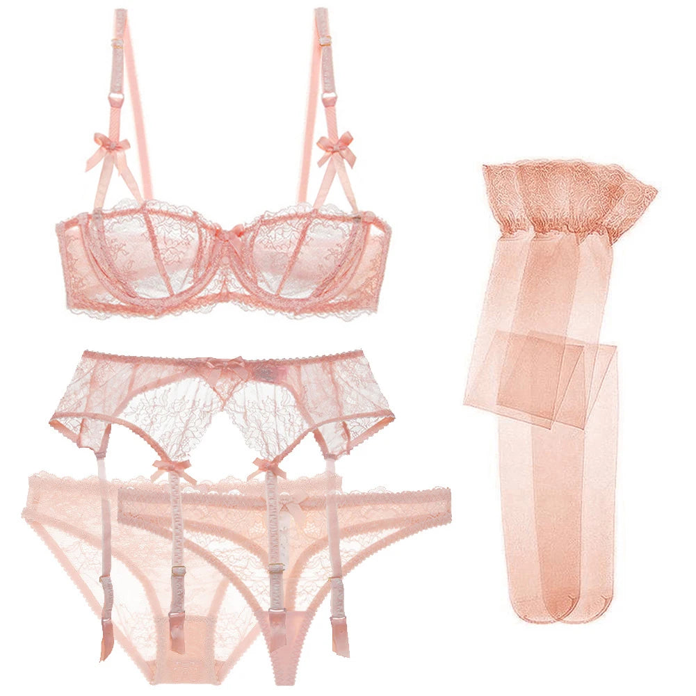 Varsbaby sexy lace 5 pcs bras+garters+panties+thongs+stockings underwear black/pink /white plus size bra set