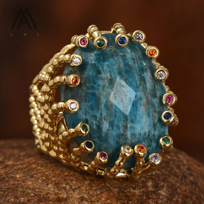 Luxury Vintage Gemstone Ring 18K Gold-Plated Women's Ring Natural Crystal Labradorite Rings Daily Wear Jewelry Gift Jewels