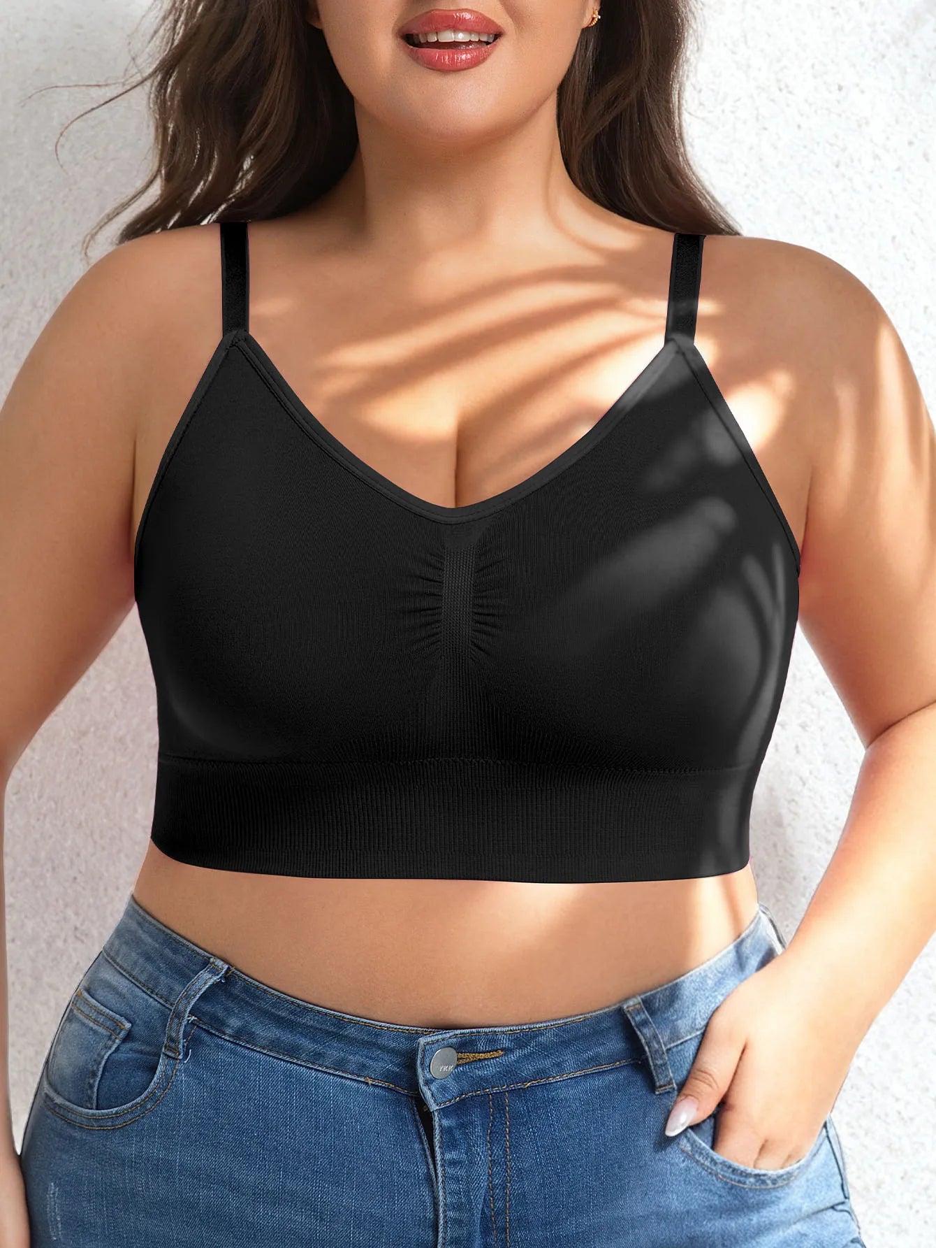 Plus Size Women Yoga Sports Bra, Front Ruched Design Wire-Free Bra with Removable Pads, Adjustable Straps Integrated Beauty Back