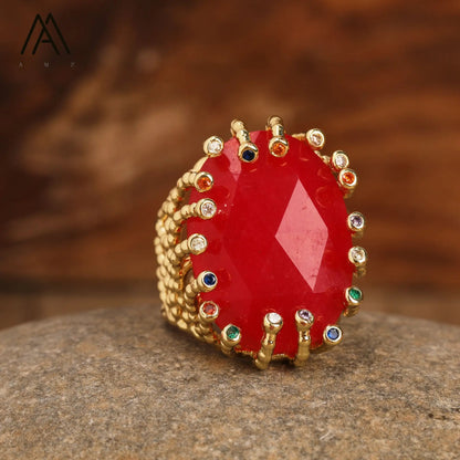 Luxury Vintage Gemstone Ring 18K Gold-Plated Women's Ring Natural Crystal Labradorite Rings Daily Wear Jewelry Gift Jewels