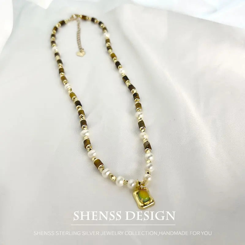 Natural Freshwater Pearl Tiger Eye Stone Necklace Orange Pendant 14k Copper Plated Gold Jewelry