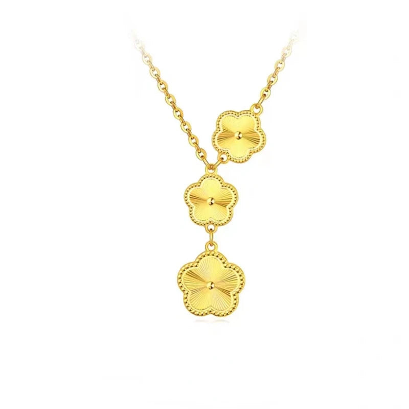 Real Gold 18 K Color Flower Shape Pendant Bracelet Necklace for Women Engagement Birthday Valentine's Day Jewelry Set Gifts