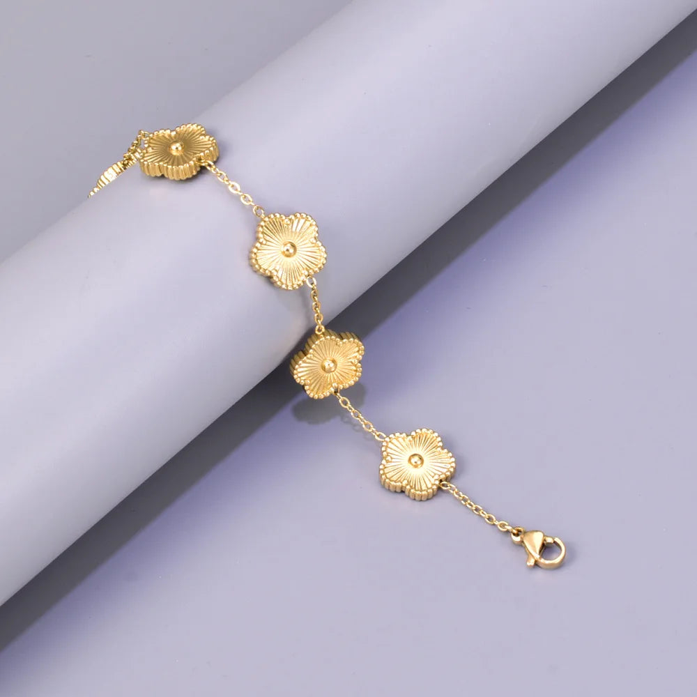 S15 Stainless Steel Five Leaf Flower Luxury Bracelet for Women Gold Color Charm Bracelets Jewellery Clover Fashion Jewelry Gifts