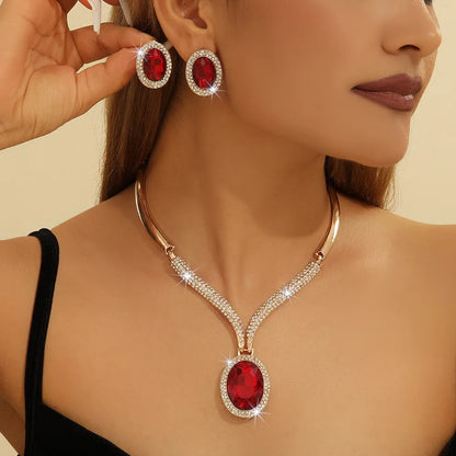 Women's Gold-Plated Red Crystal Jewelry Set - Necklace and Earrings Accessories for Wedding Party Formal Occasions Prom Cocktail Party