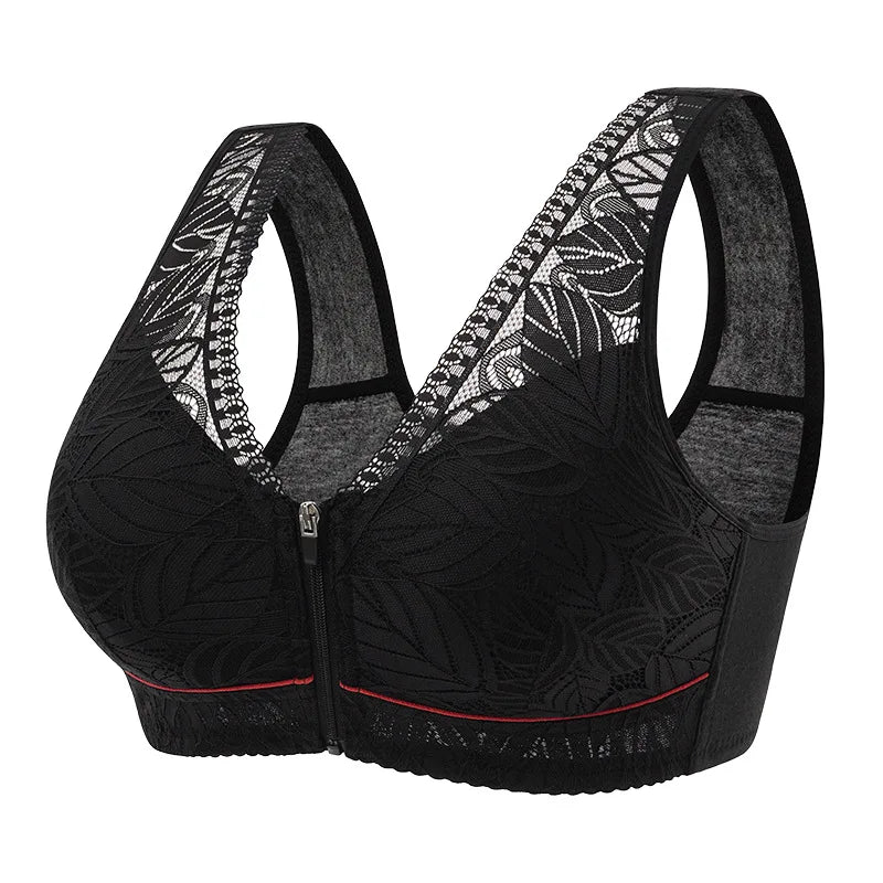 Front zipper Soft cotton cups Bra breathable women wireless underwear  lace strap tank leaves top plus size bra
