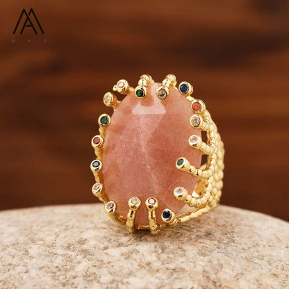 Luxury Vintage Gemstone Ring 18K Gold-Plated Women's Ring Natural Crystal Labradorite Rings Daily Wear Jewelry Gift Jewels