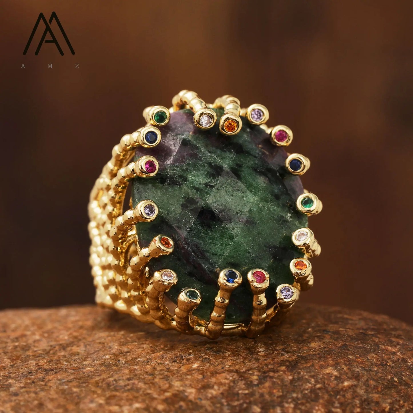 Luxury Vintage Gemstone Ring 18K Gold-Plated Women's Ring Natural Crystal Labradorite Rings Daily Wear Jewelry Gift Jewels