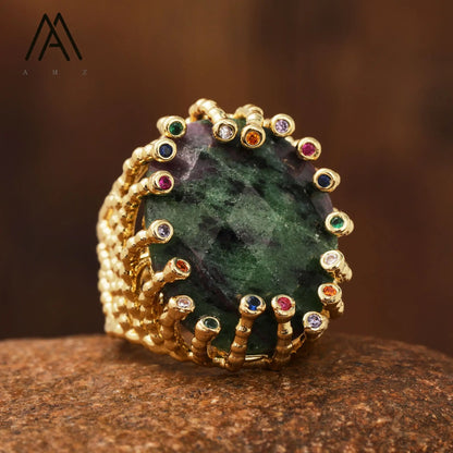 Luxury Vintage Gemstone Ring 18K Gold-Plated Women's Ring Natural Crystal Labradorite Rings Daily Wear Jewelry Gift Jewels