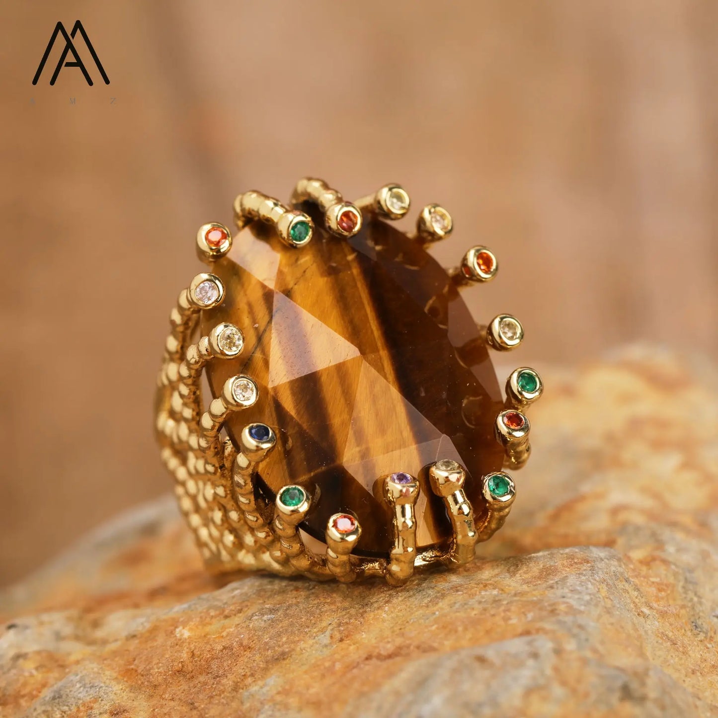 Luxury Vintage Gemstone Ring 18K Gold-Plated Women's Ring Natural Crystal Labradorite Rings Daily Wear Jewelry Gift Jewels
