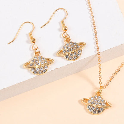 Gold/Silver Color Jewelry Set Luxury Shining Zircon Bear Crown Planet Earrings Necklace Sets For Party Anniversary Exquisite Gif