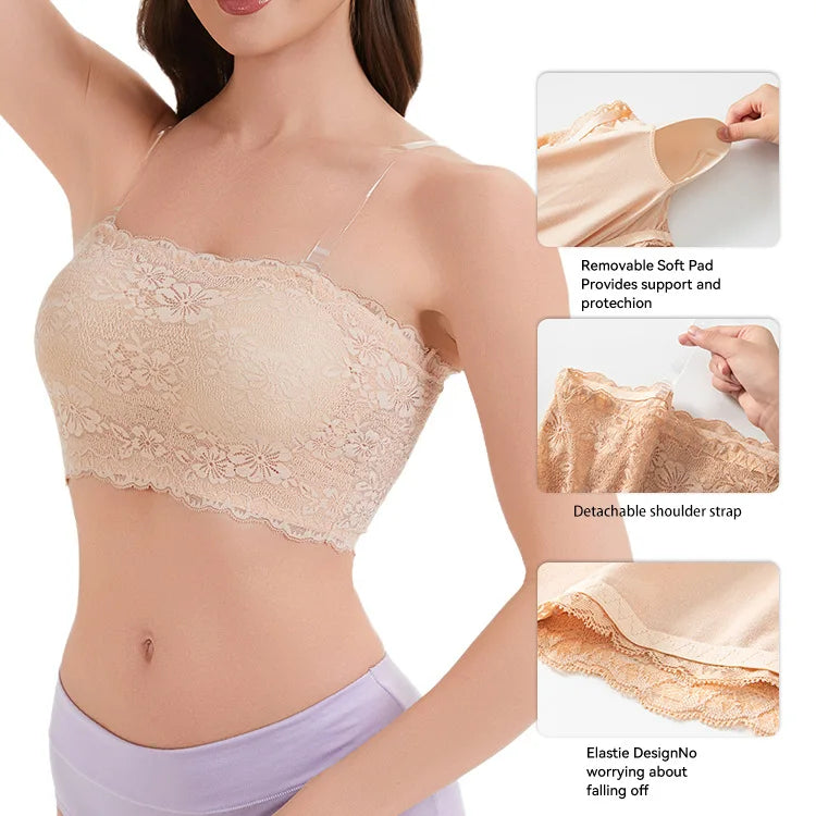 Plus Size Lace Bra Women Strapless Sexy Bra Comfortable Breathable Summer Sports Bra With Elastic Chest Strap