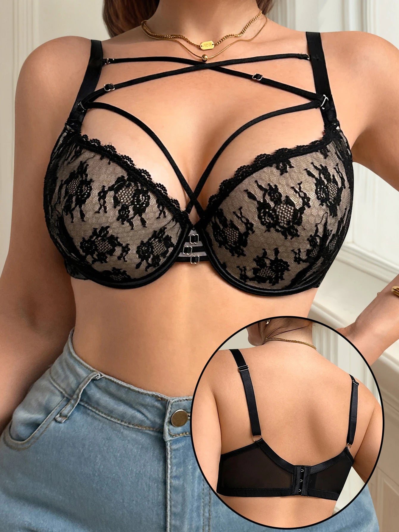Plus Size Black Lace Bra - Big Bust Lingerie Criss Cross Straps, Push Up, Supportive, Sexy Lingerie for Big Bust MR3643