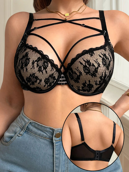 Plus Size Black Lace Bra - Big Bust Lingerie Criss Cross Straps, Push Up, Supportive, Sexy Lingerie for Big Bust MR3643