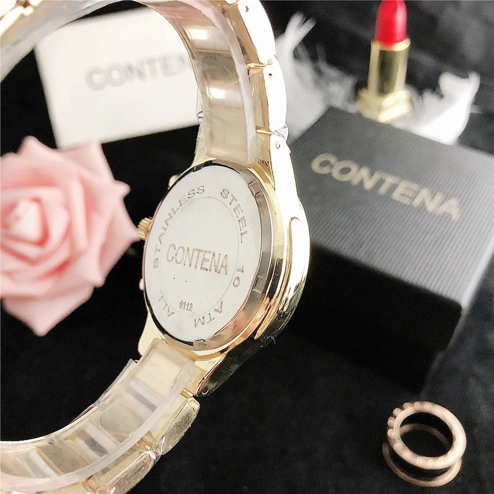 CONTENA Brand Women's Watch Top Luxury Crystal Rose Gold Watches for Women Quartz Wristwatch Bracelet Fashion Clock Montre Femme
