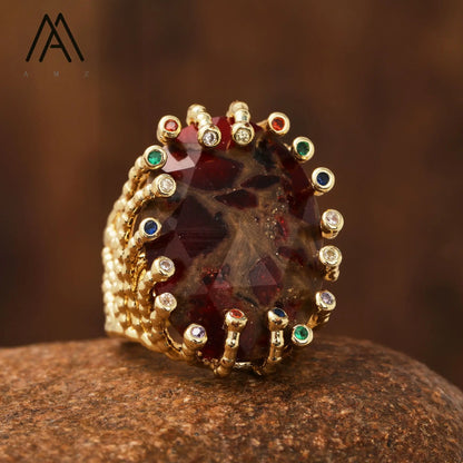 Luxury Vintage Gemstone Ring 18K Gold-Plated Women's Ring Natural Crystal Labradorite Rings Daily Wear Jewelry Gift Jewels