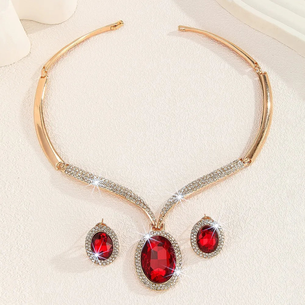 Women's Gold-Plated Red Crystal Jewelry Set - Necklace and Earrings Accessories for Wedding Party Formal Occasions Prom Cocktail Party