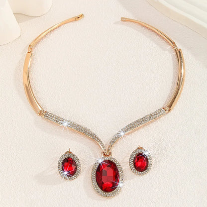 Women's Gold-Plated Red Crystal Jewelry Set - Necklace and Earrings Accessories for Wedding Party Formal Occasions Prom Cocktail Party