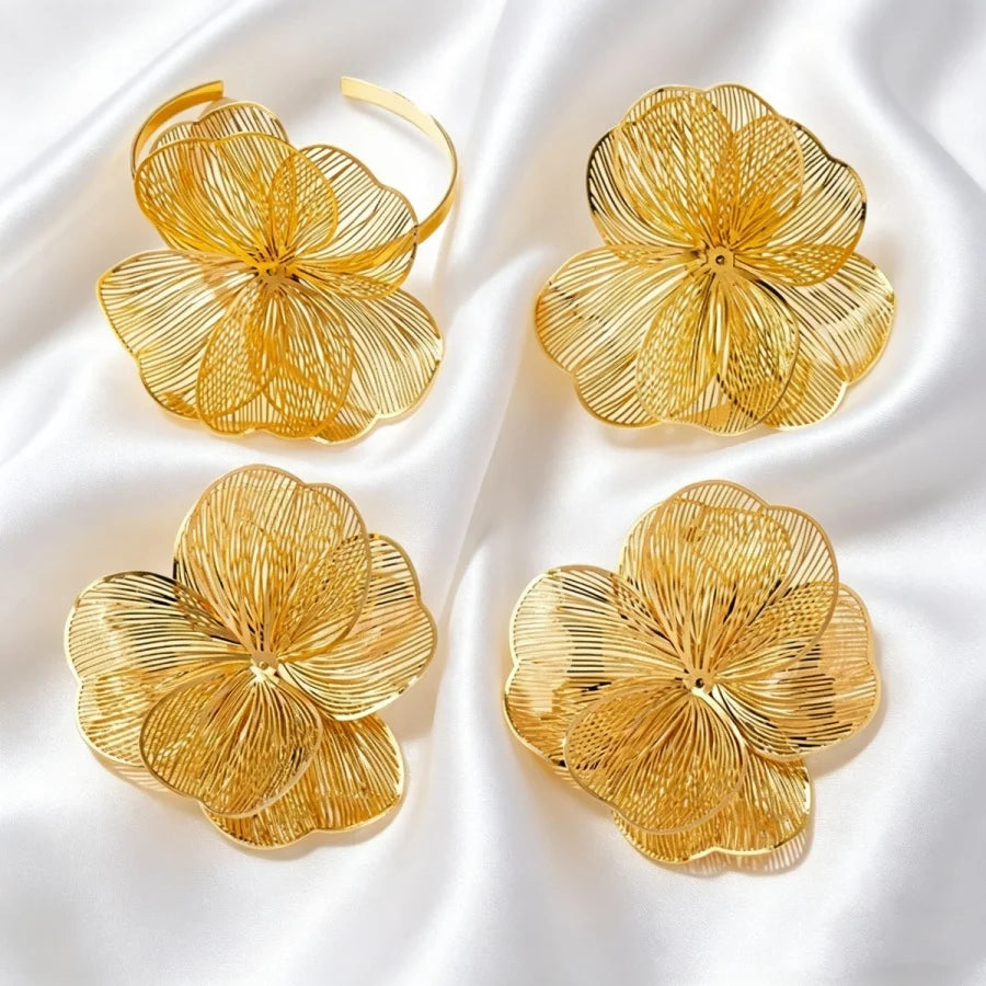 Aesthetic Gold Color Big Flower Jewelry Set Filigree Floral Statement Jewelry Women Street Style & Date Night Wear All Season