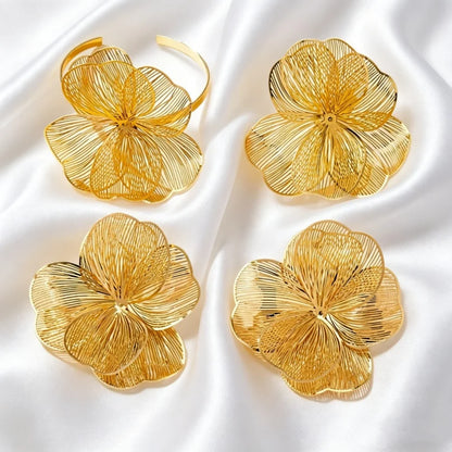 Aesthetic Gold Color Big Flower Jewelry Set Filigree Floral Statement Jewelry Women Street Style & Date Night Wear All Season