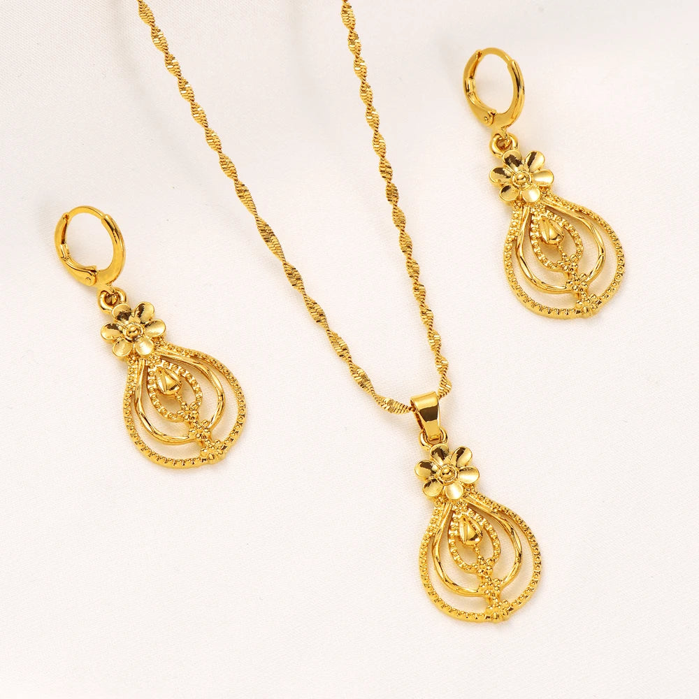 Fashion Gold Color Jewelry for Women Necklace Earrings Set Party Accessories Dubai India Africa Gift