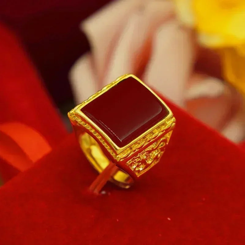 Pure gold ring same style mens AU999 real   24K agate Pixiu God of Wealth adjustable  inlaid jade jewelry