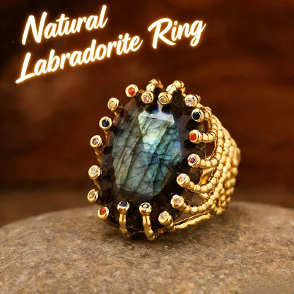 Luxury Vintage Gemstone Ring 18K Gold-Plated Women's Ring Natural Crystal Labradorite Rings Daily Wear Jewelry Gift Jewels