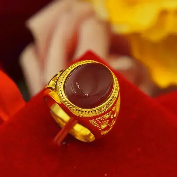 Pure gold ring same style mens AU999 real   24K agate Pixiu God of Wealth adjustable  inlaid jade jewelry