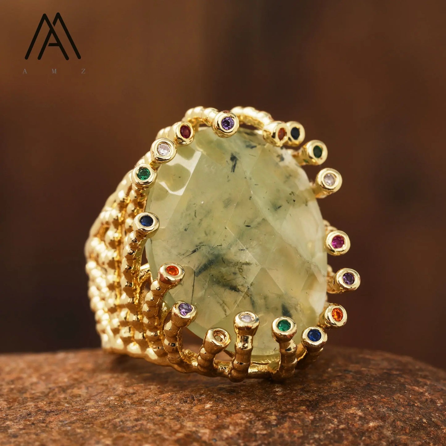 Luxury Vintage Gemstone Ring 18K Gold-Plated Women's Ring Natural Crystal Labradorite Rings Daily Wear Jewelry Gift Jewels