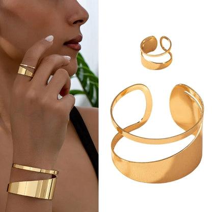 Elegant Gold Jewelry Set Unique Women's Gold Jewelry Set with Hollow Circular Rings and Bangles for Gatherings P9YF