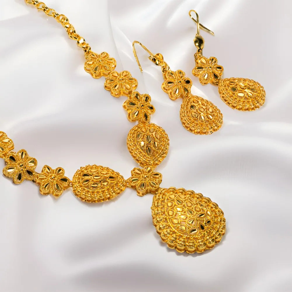 24K Gold Dubai Jewelry Sets Gifts Plated Gold Color Necklace Earring Set Dubai India Style Luxury African Bridal Jewelry Sets