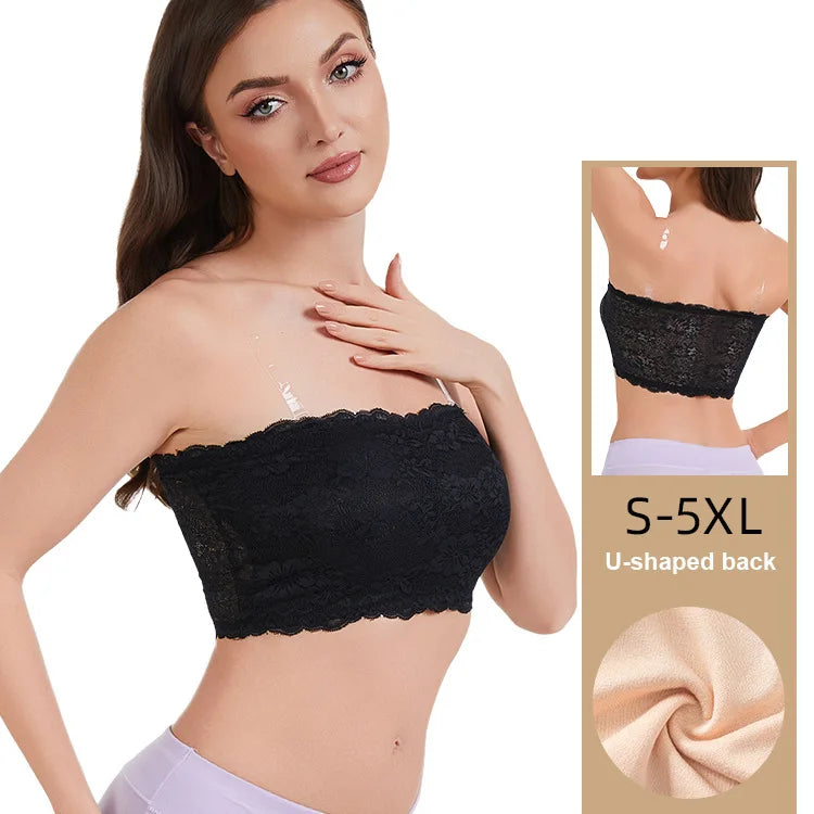 Plus Size Lace Bra Women Strapless Sexy Bra Comfortable Breathable Summer Sports Bra With Elastic Chest Strap