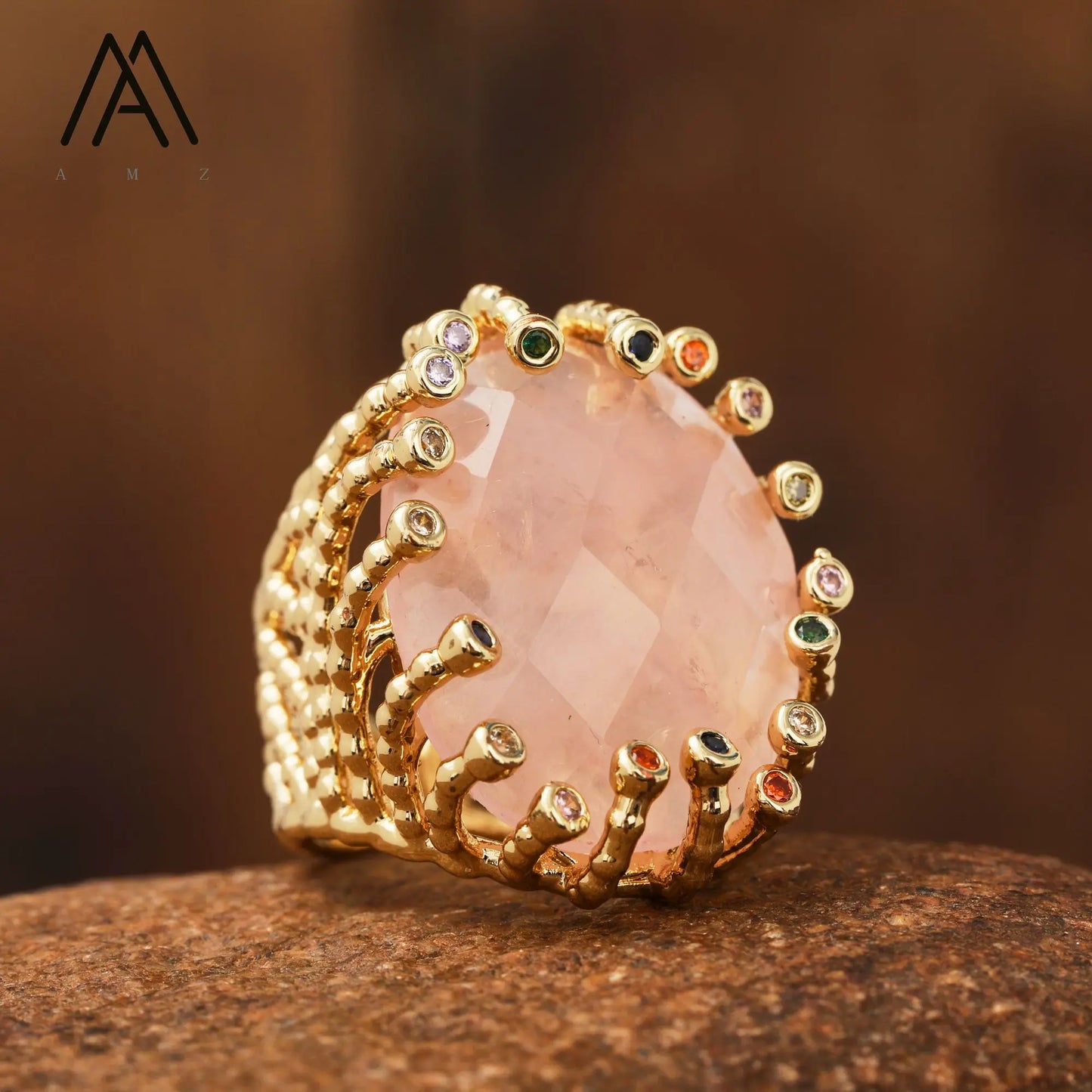 Luxury Vintage Gemstone Ring 18K Gold-Plated Women's Ring Natural Crystal Labradorite Rings Daily Wear Jewelry Gift Jewels