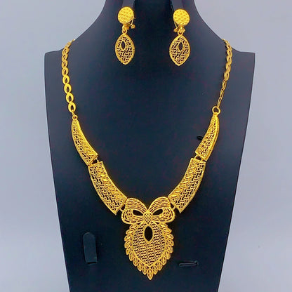 Indian 24K Gold Plated Jewelry Set For Women Nigeria Dubai African Bridal Necklace Earrings Wedding Party Gift Jewellery